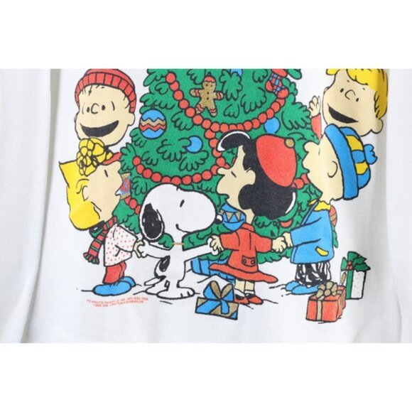 Vintage 90s Peanuts Womens Large Snoopy Brown Christmas Sweatshirt White USA - Picture 4 of 9